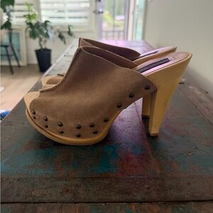 Brown Studded Women's Heeled Mules